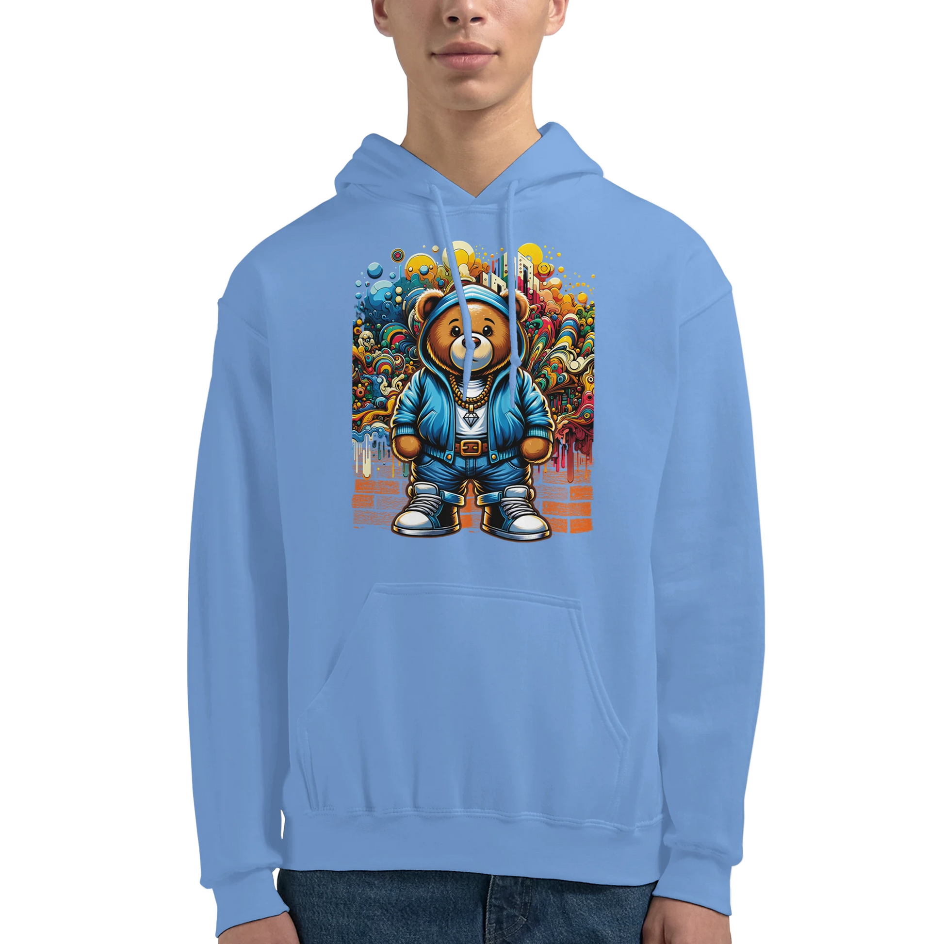Person wearing a blue men's teddy bear hoodie with a colorful bear graphic on a white background. 6