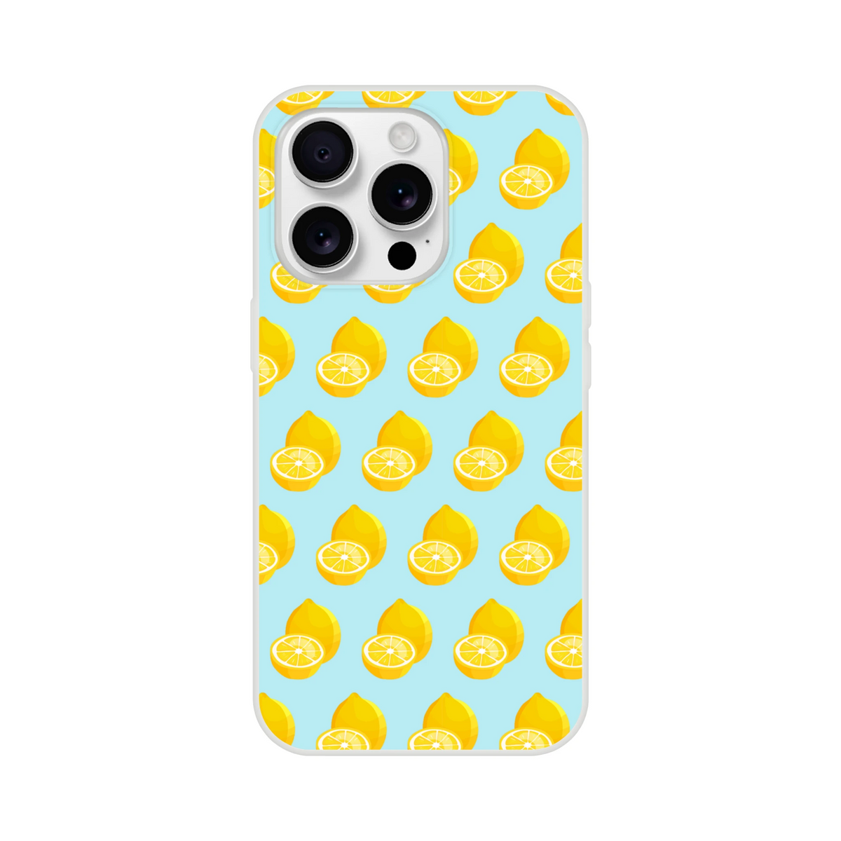 Pastel blue iPhone case featuring a repeating pattern of whole and sliced yellow lemons for summer style.