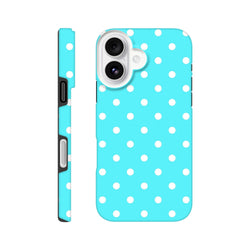 Turquoise and white polka dot Tough iPhone case with opaque gloss exterior and shock-absorbing TPU chassis for drop protection.