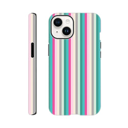 Retro style iPhone case featuring vertical pastel pink and aqua stripes. Durable street-ready phone cover for city aesthetic.