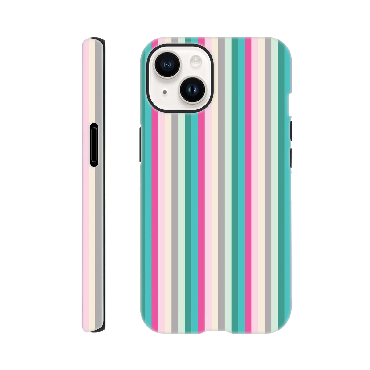 Retro style iPhone case featuring vertical pastel pink and aqua stripes. Durable street-ready phone cover for city aesthetic.
