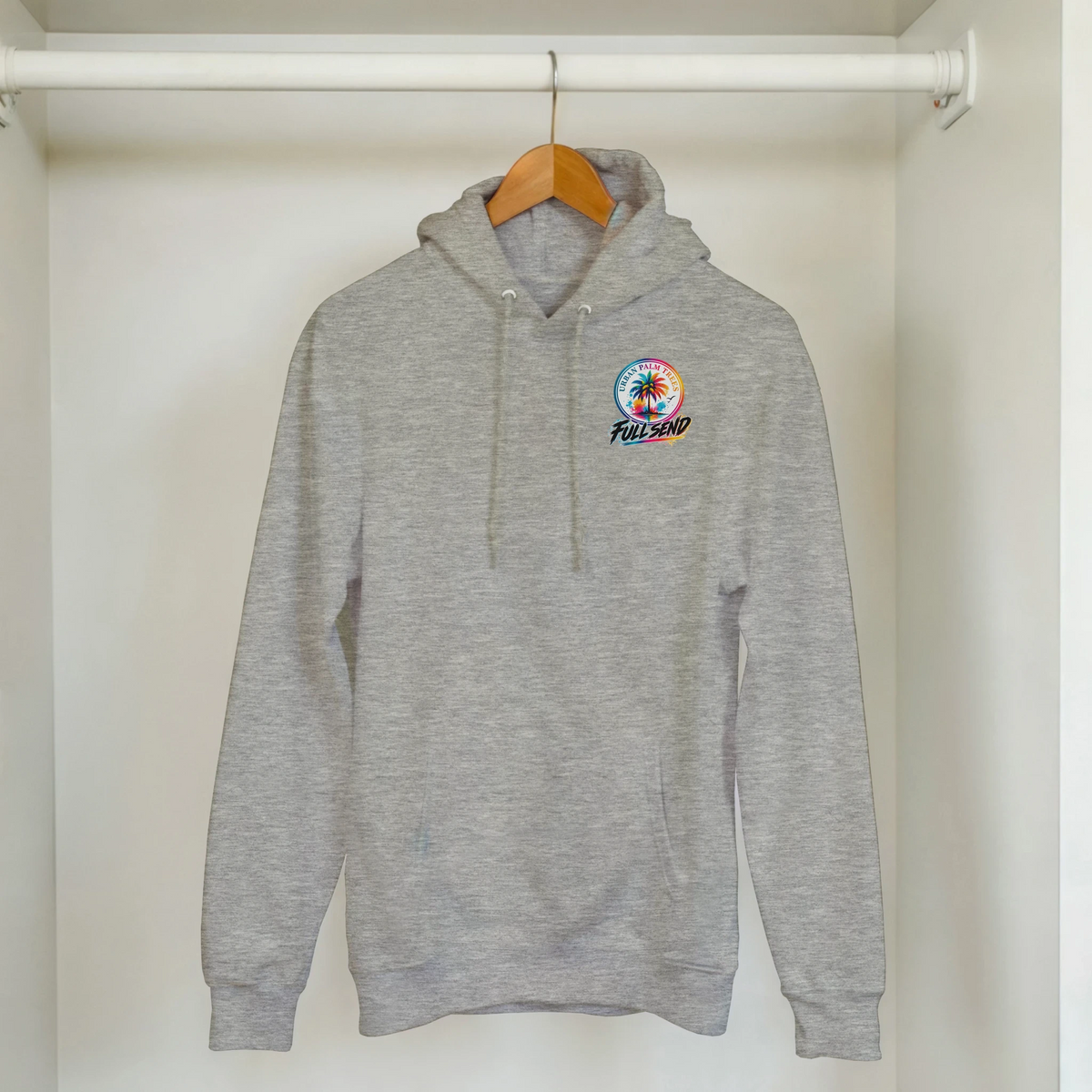 Grey petrolhead streetwear hoodie featuring a colorful full send palm tree graphic, designed for car meets and casual wear with a front pouch pocket.