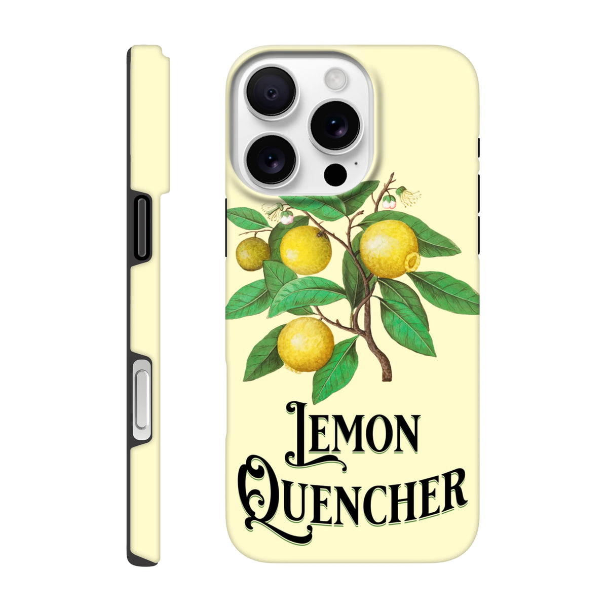 Vintage Lemon Tough iPhone case featuring retro botanical lemon branch illustration and "Lemon Quencher" text on pale yellow background.