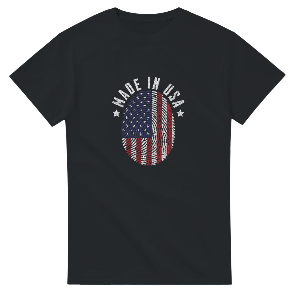 Black Made in USA men's graphic T-shirt with circular fingerprint flag design