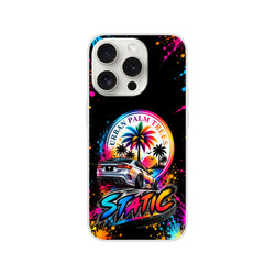 Static Slammed car culture iPhone case featuring a silver slammed sedan, colorful Urban Palm Trees sunset graphic, and neon paint splatters on black background.