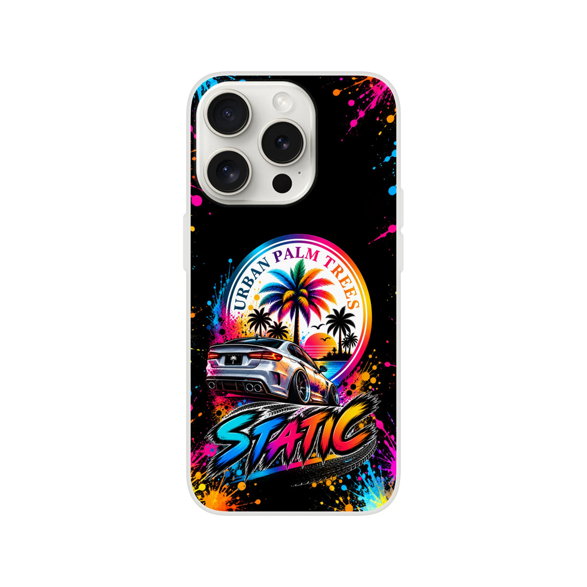 Static Slammed car culture iPhone case featuring a silver slammed sedan, colorful Urban Palm Trees sunset graphic, and neon paint splatters on black background.