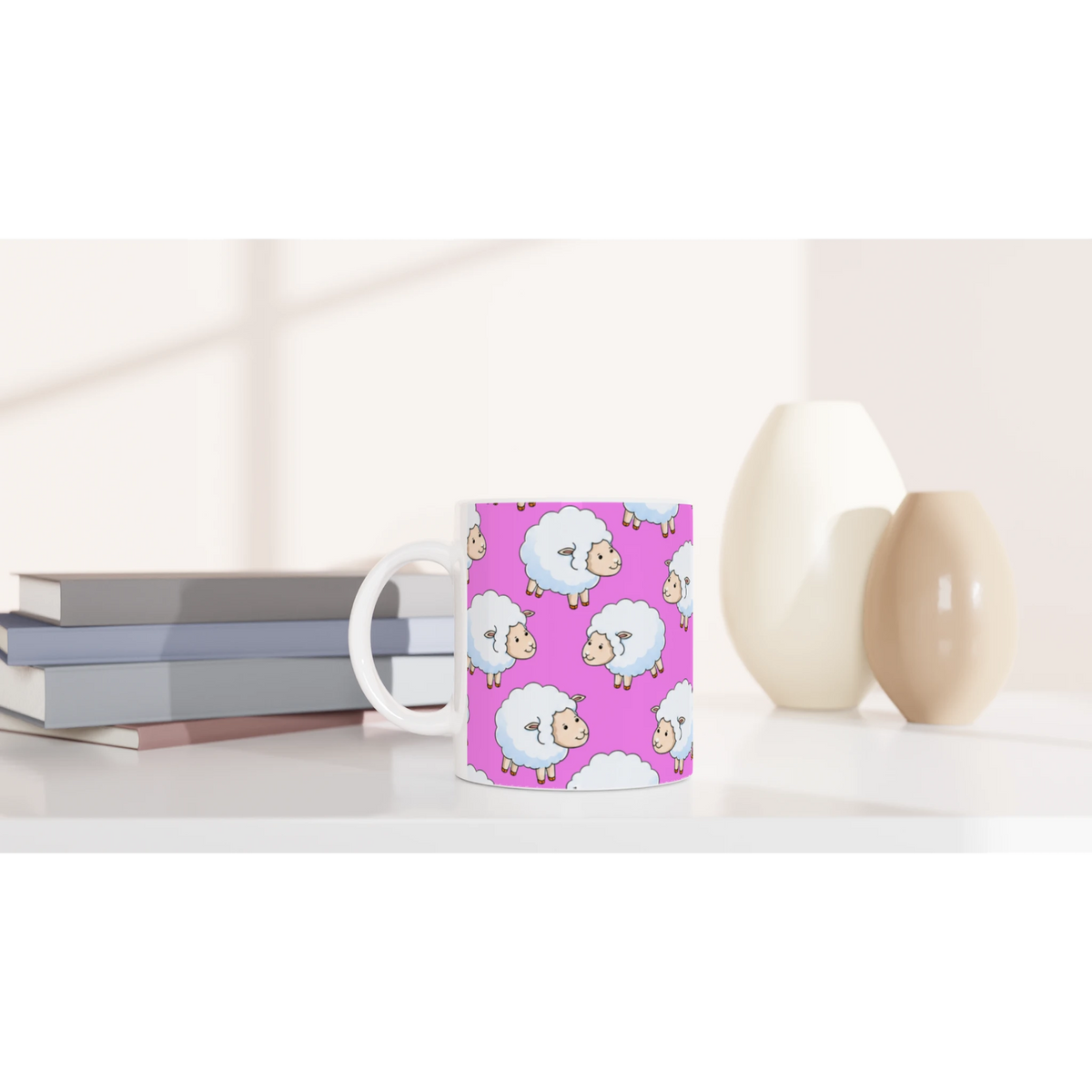 Pink ceramic mug featuring a cute sheep design with clouds.