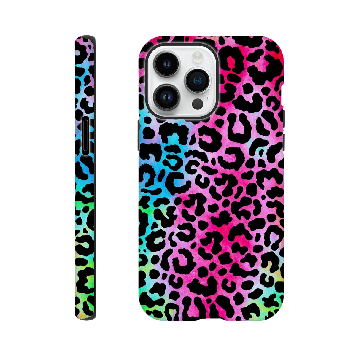 Vibrant rainbow leopard print tough iPhone case providing drop protection and wireless charging access for models 13-16.