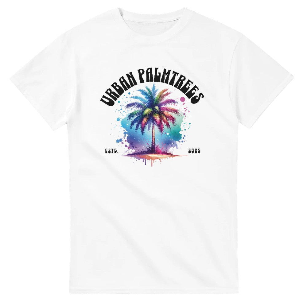 White women's graphic tee with Urban Palm Trees logo and colorful palm tree watercolor design.