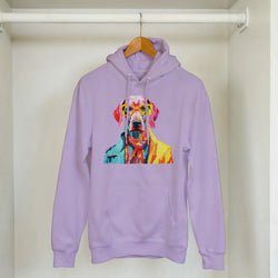 Lavender women's hoodie with a colorful dog graphic wearing yellow glasses on the chest, soft cotton blend.
