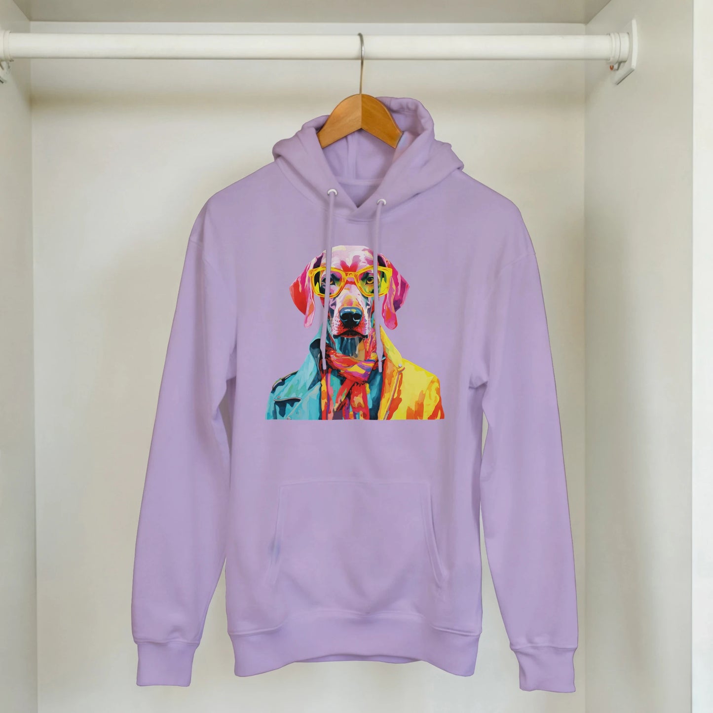 Lavender women's hoodie with a colorful dog graphic wearing yellow glasses on the chest, soft cotton blend.