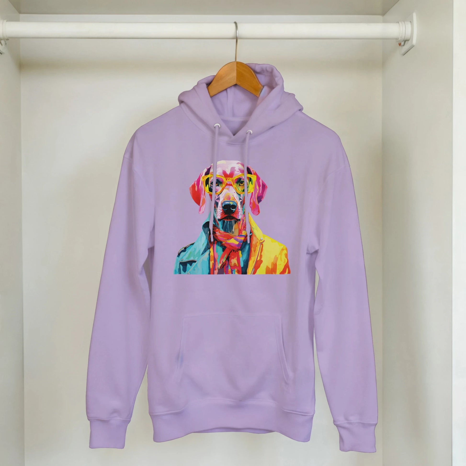 Lavender women's hoodie with a colorful dog graphic wearing yellow glasses on the chest, soft cotton blend.