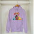 Lavender women's hoodie with a colorful dog graphic wearing yellow glasses on the chest, soft cotton blend.