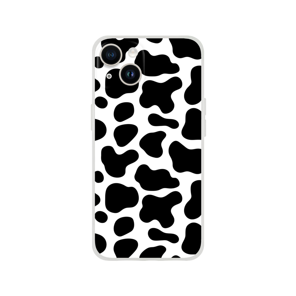 Black & White Cow Print iPhone Case (13–16), cute Y2K animal phone accessory.