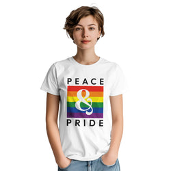 Woman wearing white Pride LGBTQ graphic T-shirt with rainbow square and ampersand design.
