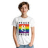Woman wearing white Pride LGBTQ graphic T-shirt with rainbow square and ampersand design.