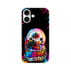 Vibrant iPhone case featuring a redline tachometer, Urban Palm Trees sunset graphic, and colorful paint splatters for petrolheads.
