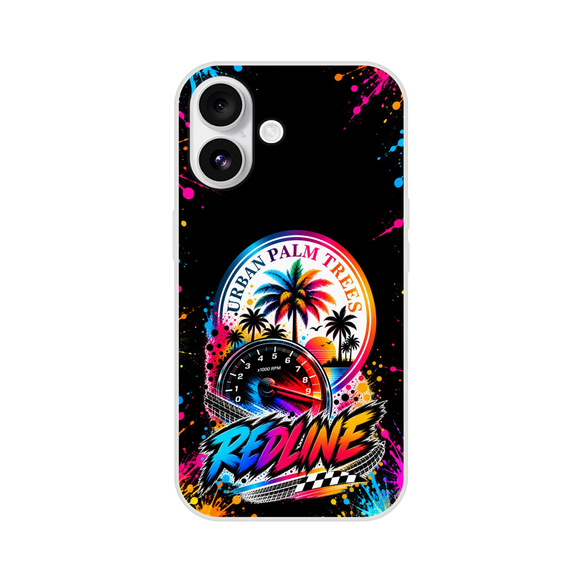 Vibrant iPhone case featuring a redline tachometer, Urban Palm Trees sunset graphic, and colorful paint splatters for petrolheads.