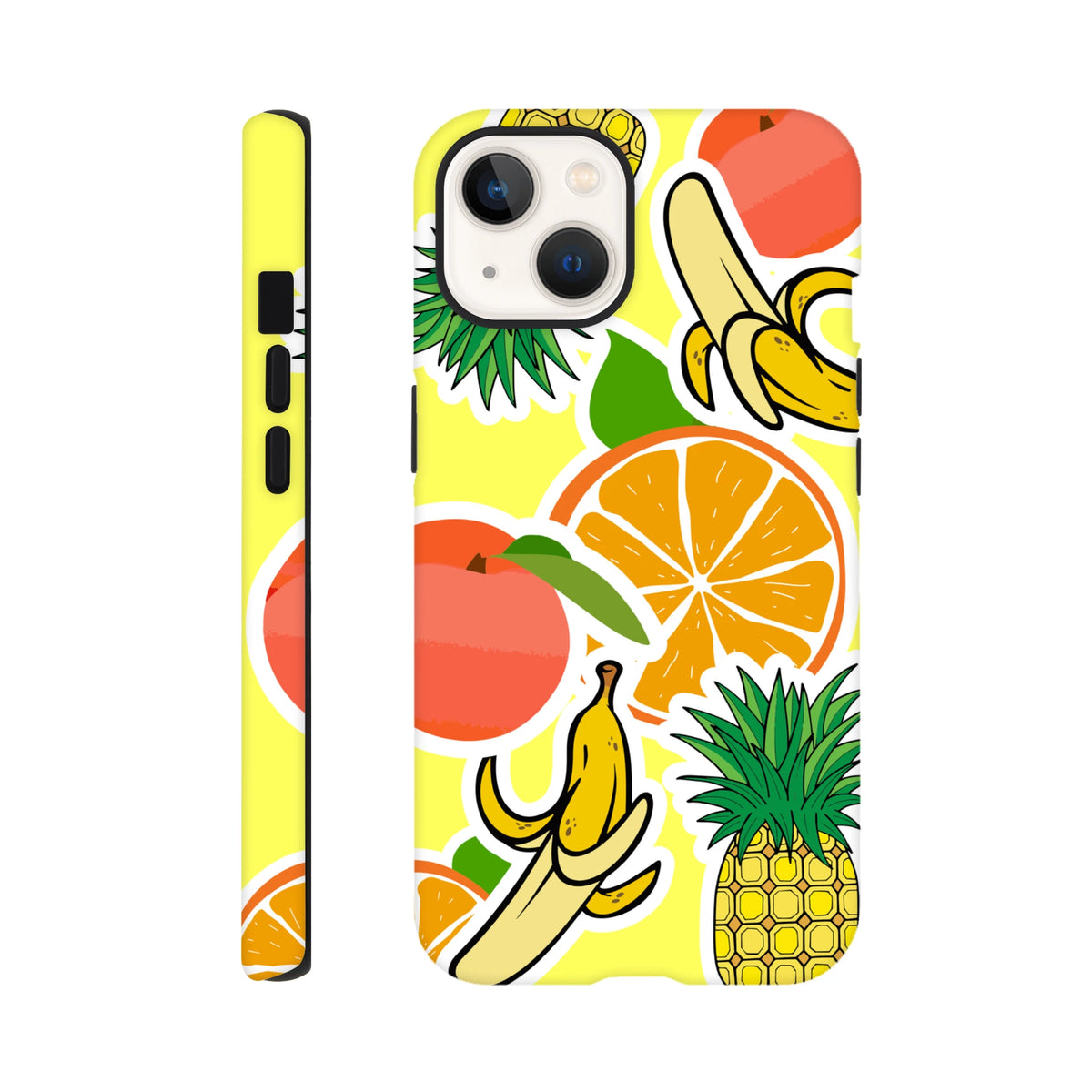 Yellow iPhone case featuring bold sticker-style graphics of oranges, bananas, and pineapples on a bright tropical background.