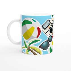 Summer holiday ceramic mug featuring a beach ball, palm tree, sunglasses, and retro camera print against a blue background.