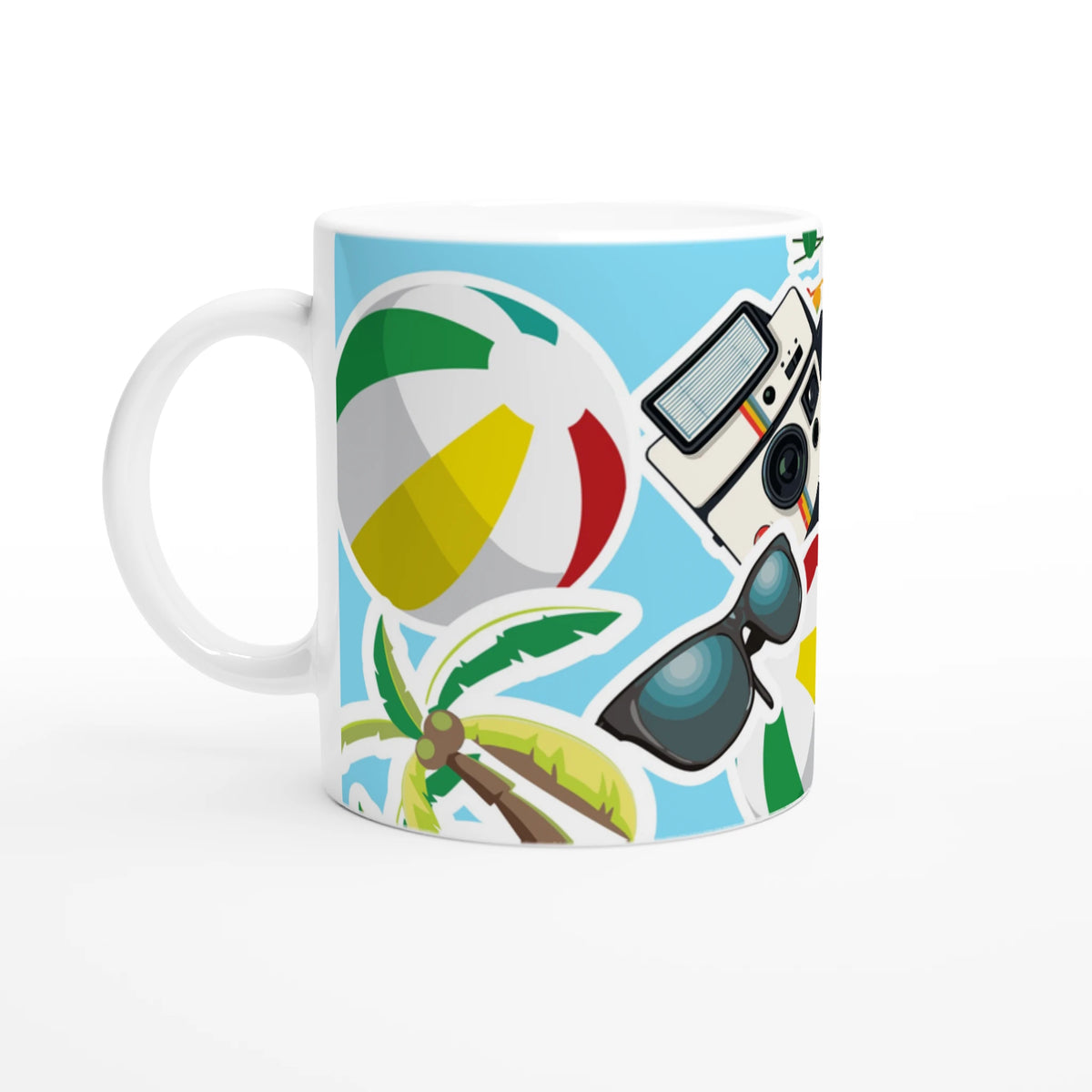 Summer holiday ceramic mug featuring a beach ball, palm tree, sunglasses, and retro camera print against a blue background.