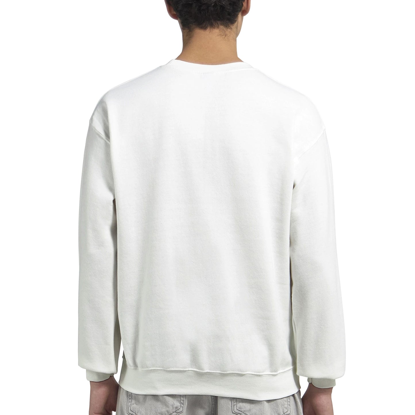 Person wearing a plain white men's graphic sweatshirt on a white background