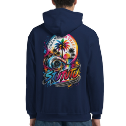Navy blue men's hoodie featuring a vibrant turbocharger and palm tree graphic with Urban Palm Trees text.