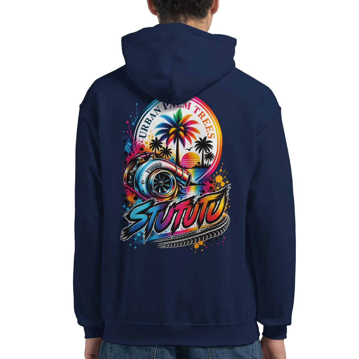 Navy blue men's hoodie featuring a vibrant turbocharger and palm tree graphic with Urban Palm Trees text.