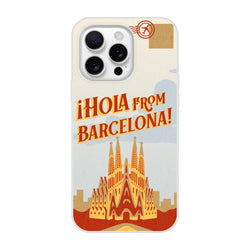 Vintage postcard iPhone case with Barcelona skyline and Hola from Barcelona, Spain.