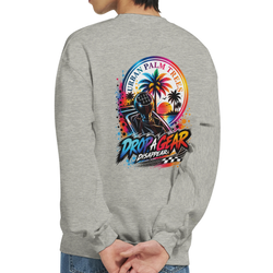 Grey sweatshirt featuring a colorful Drop A Gear graphic with a manual shifter, retro palm trees, and sunset background.