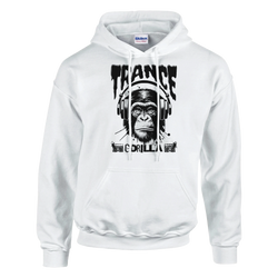 White hoodie featuring TRANCE GORILLA graphic with a gorilla wearing headphones and bold text.