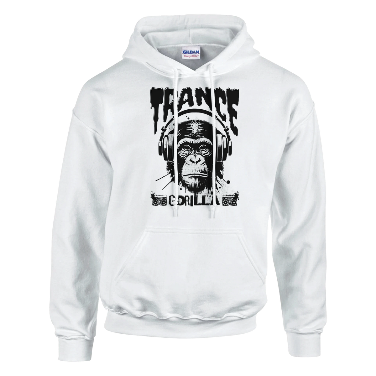 White hoodie featuring TRANCE GORILLA graphic with a gorilla wearing headphones and bold text.