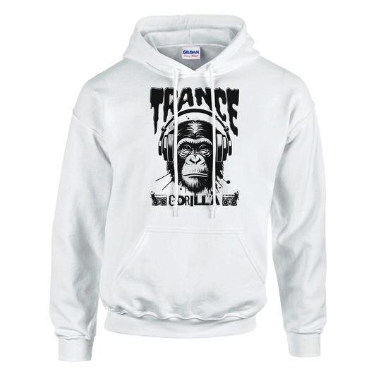 White men's graphic hoodie with a graphic of a gorilla wearing headphones and the word 'Trance'