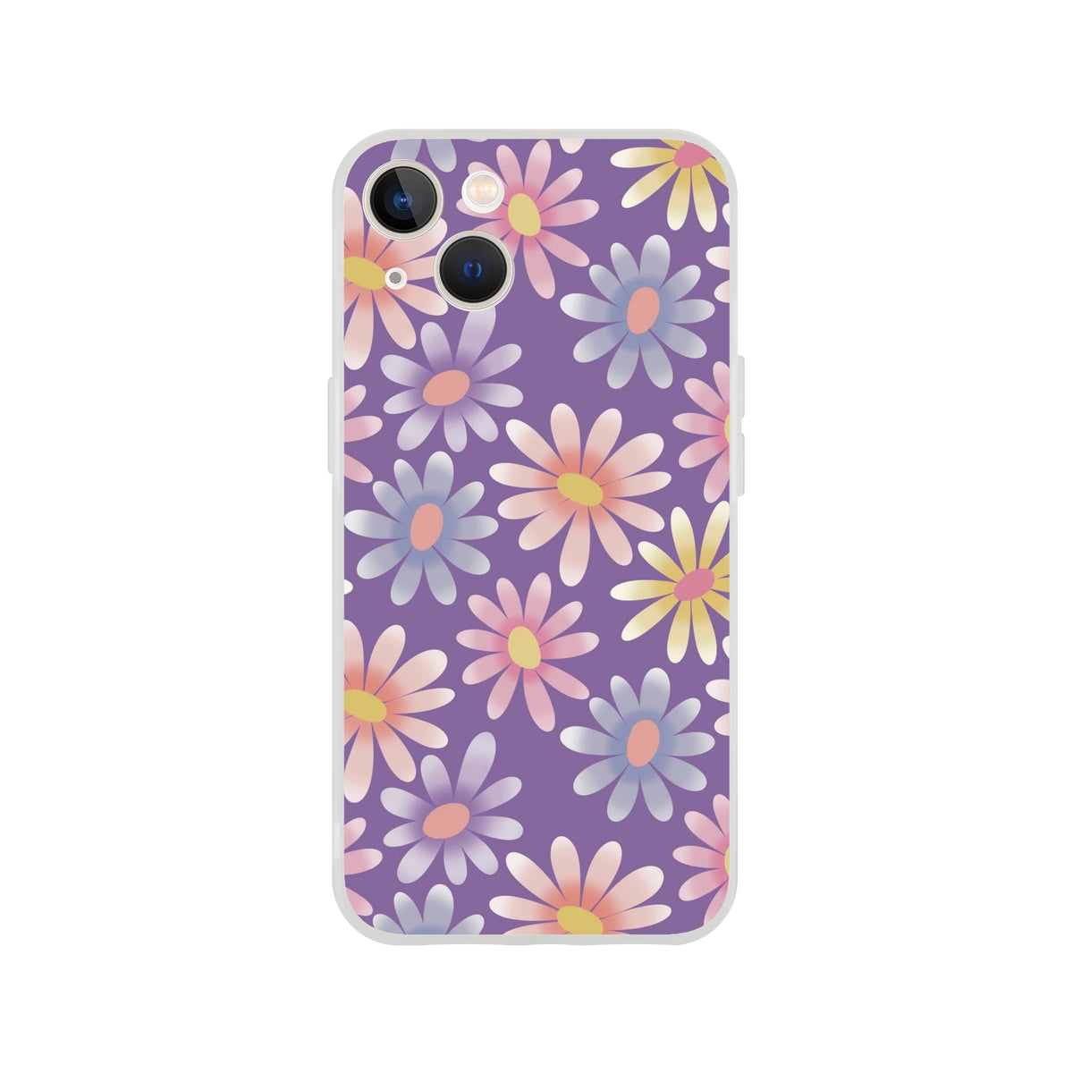 Retro Pastel Daisy iPhone Case for 13-16 with purple pastel daisies, floral pattern, and matte finish.