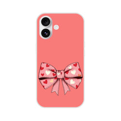 Pink iPhone case with large bow and heart print for iPhone 13–16, coquette aesthetic.
