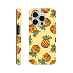 Yellow pineapple pattern iPhone case featuring tropical fruit print on a pale yellow background with wraparound side design for impact protection.