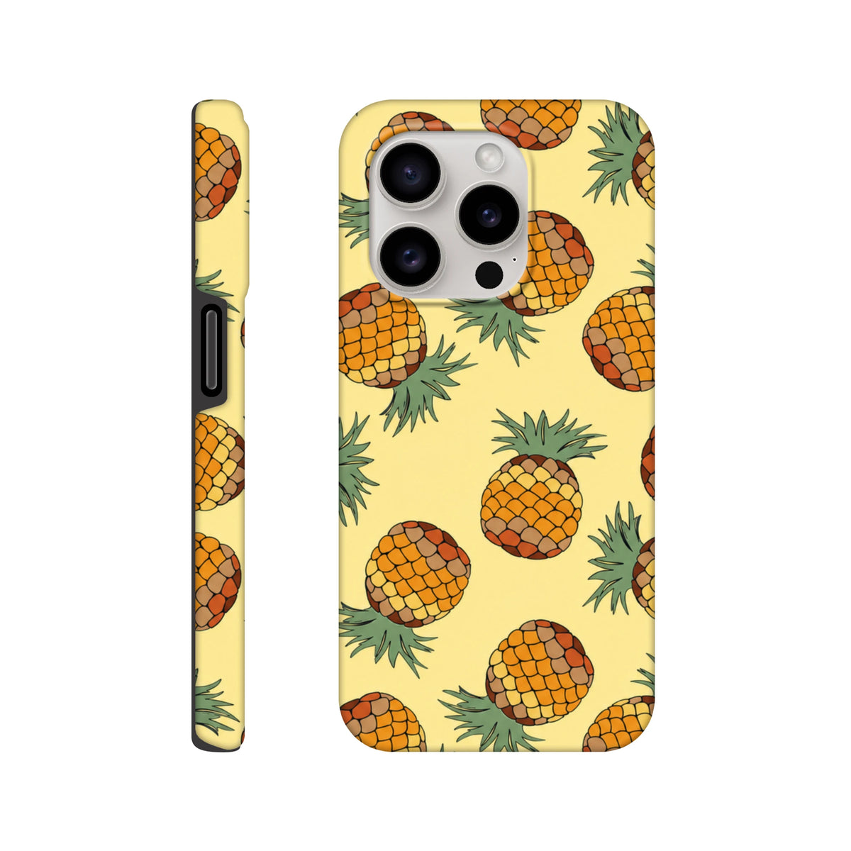 Yellow pineapple pattern iPhone case featuring tropical fruit print on a pale yellow background with wraparound side design for impact protection.