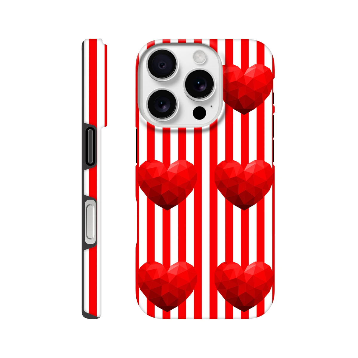 Red and white vertical striped iPhone case featuring five faceted low-poly red hearts for impact resistance