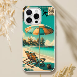 Vintage postcard iPhone case (13-16) with holiday beach scene, palm trees and umbrella