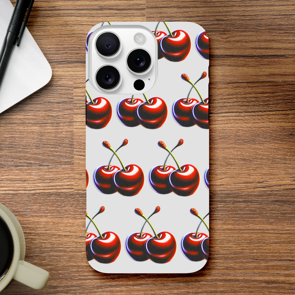 Cherries pattern tough protective iPhone case, dual-layer wraparound print on back and sides for iPhone 16/15/14/13.