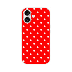 Retro red and white polka dot iPhone case featuring a slim TPU shell with shock-absorbing protection for everyday use.