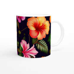 Tropical hibiscus floral ceramic mug with vibrant orange and pink blooms.