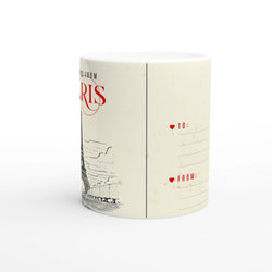 Cream vintage Paris mug with retro postcard design and red Paris lettering.
