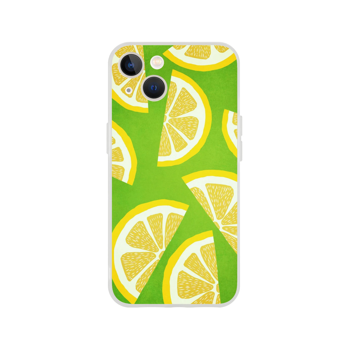 Lemon slice pattern iPhone case for 13–16 with green background and slim matte TPU finish.