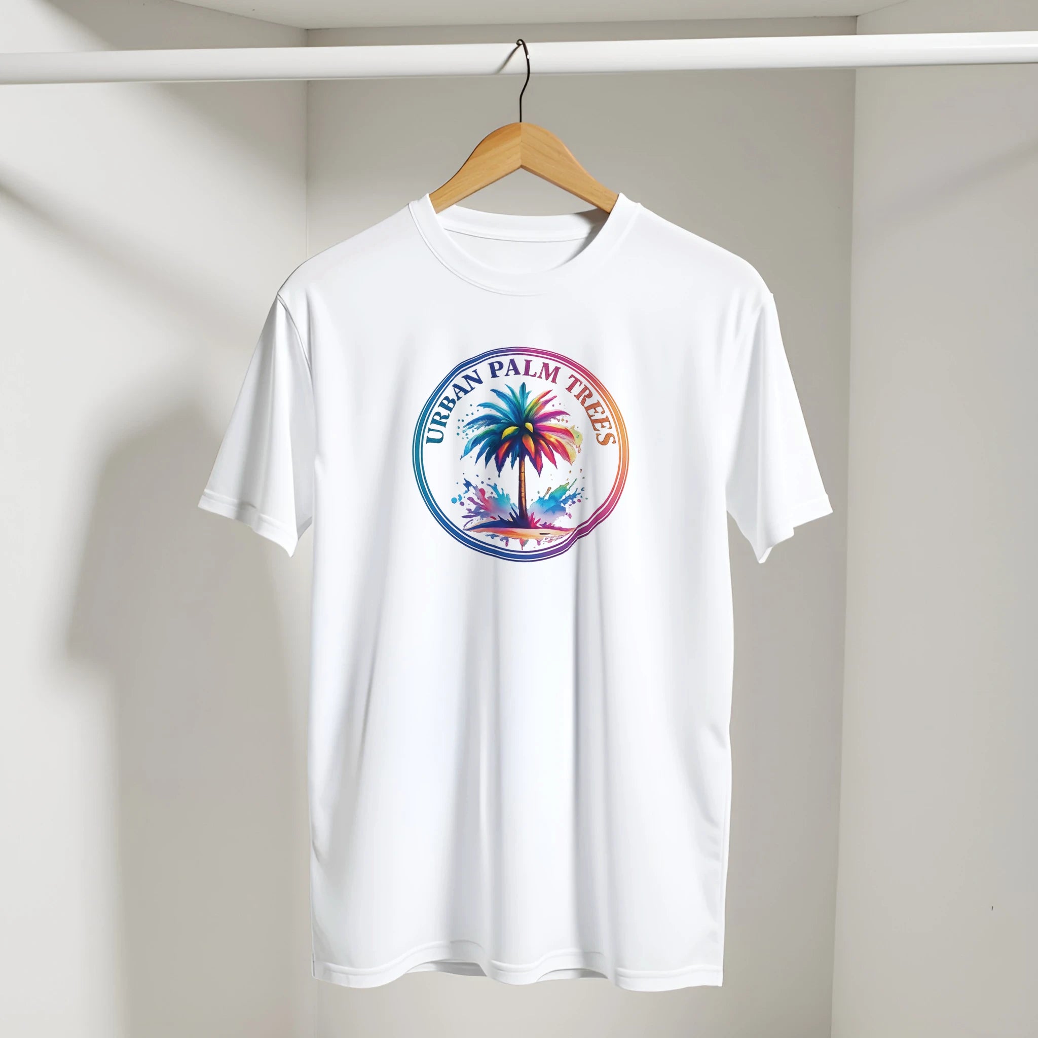 Retro palm tree T-shirt for men on hanger, colorful circular palm tree design, Y2K streetwear style.