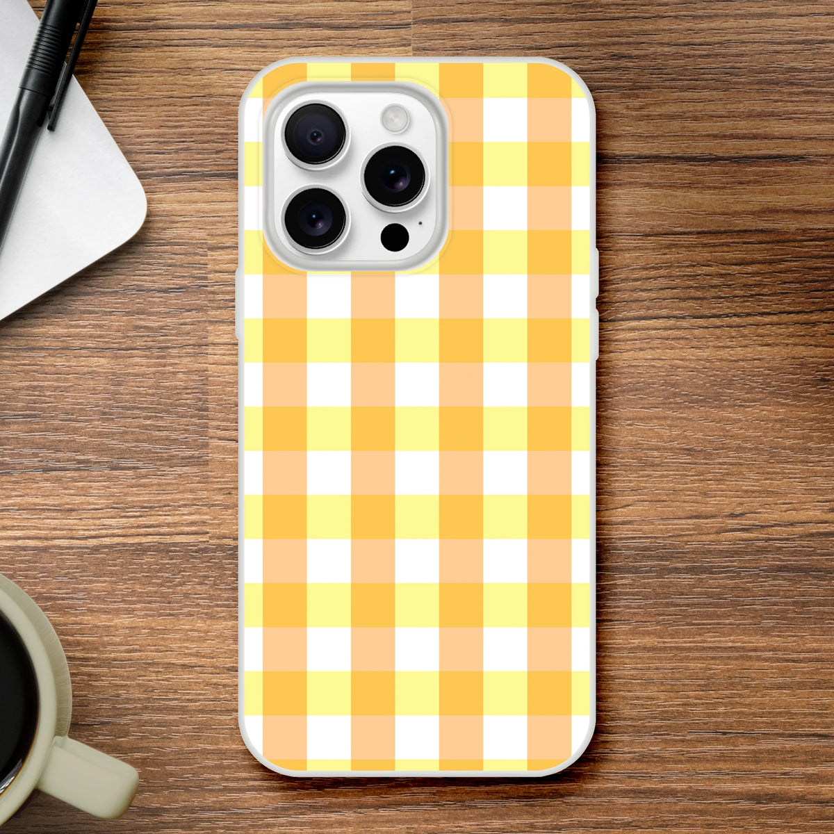 Yellow gingham iPhone case with checkerboard motif for iPhone 13-16, cute retro aesthetic.