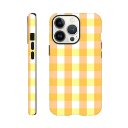 Retro yellow gingham checkered tough iPhone case featuring a cute grid pattern and protective black bumper for secure everyday use.