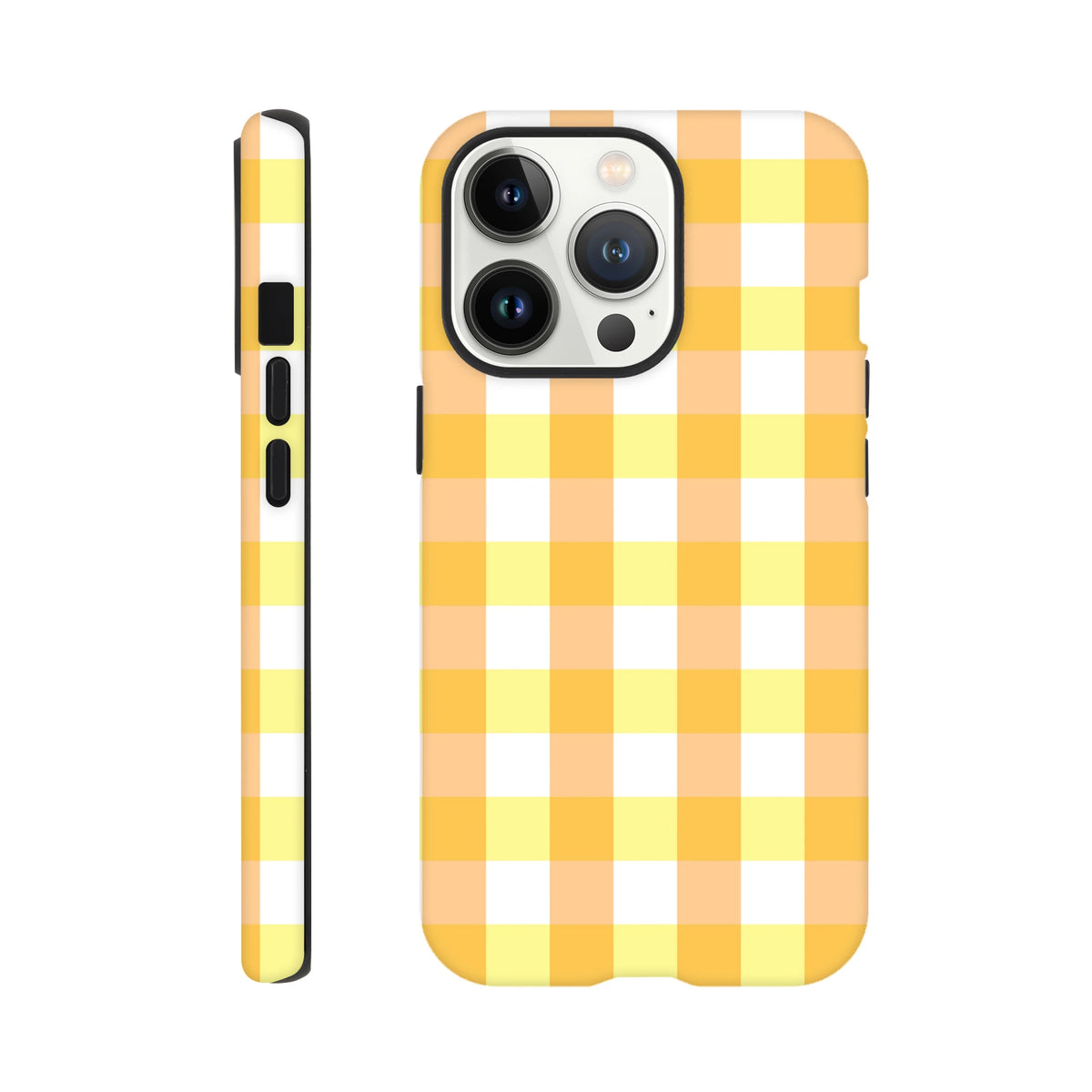 Retro yellow gingham checkered tough iPhone case featuring a cute grid pattern and protective black bumper for secure everyday use.