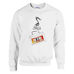White sweatshirt featuring a vintage cassette tape graphic with unspooling tape and 90s Hits label for retro streetwear.