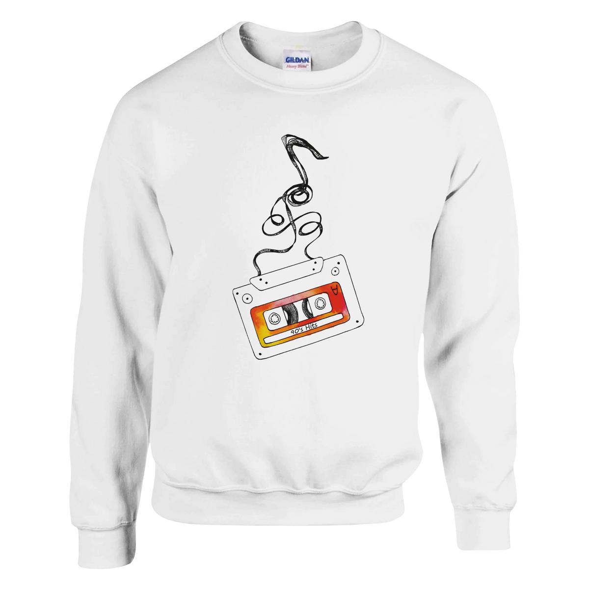 White sweatshirt featuring a vintage cassette tape graphic with unspooling tape and 90s Hits label for retro streetwear.